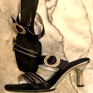 Black and silver rhinestone heeled sandal